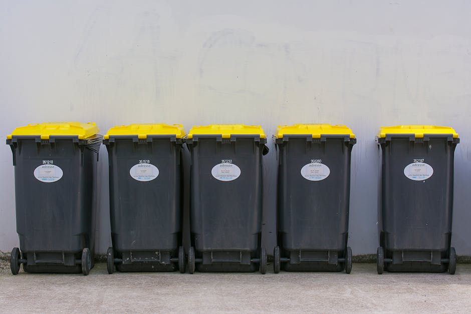 A row of five large wheeled rubbish bins made of sturdy black plastic with textured surfaces and reinforced edges, positioned on a flat concrete ground against a plain light-colored wall. Each bin has a bright yellow lid with a slightly glossy finish, clasped securely at the edges, and is fitted with a small white oval label displaying unique identification numbers printed in black. The bins are uniformly aligned, slightly spaced apart, with their wheels resting on the ground, indicating readiness for collection or removal. The environment appears to be an outdoor area such as a driveway or communal waste storage space, and the clear lighting suggests daytime. The image overall conveys a clean, organized waste handling setup, consistent with services provided by waste collection companies like Waste Collection Enfield, emphasizing options for private or alternative rubbish removal methods in Enfield for domestic or commercial premises.